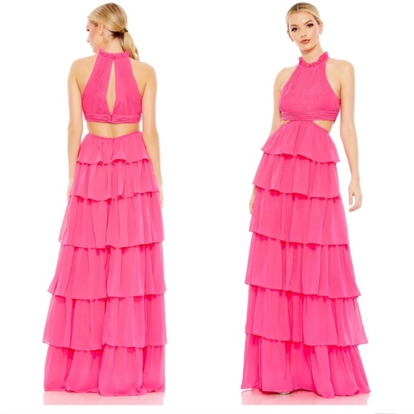 MAC DUGGAL NWT Hot Pink TIERED RUFFLE PLEATED HIGH NECK BALL GOWN!! - Picture 2 of 8